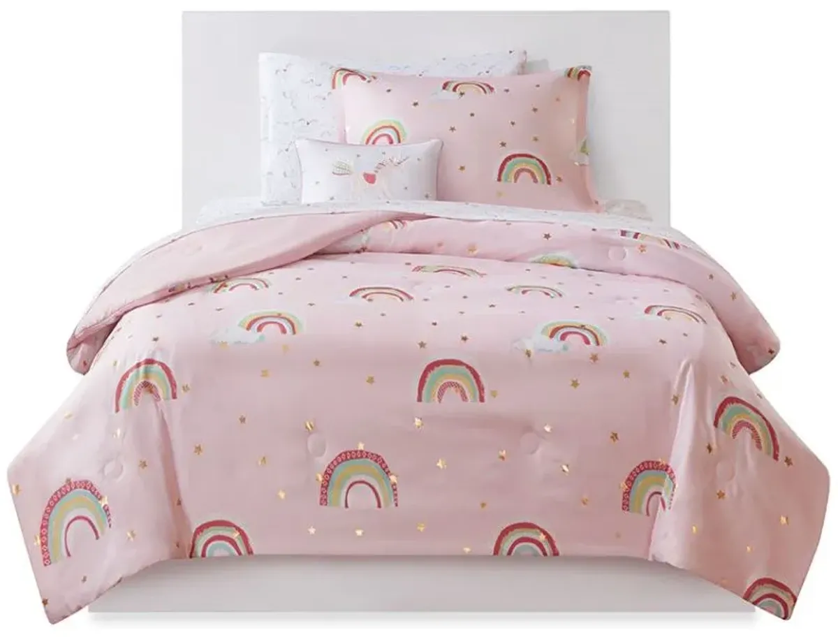 Olliix by Mi Zone Kids Alicia Pink Full Rainbow Metallic Printed Stars Complete Bed and Sheet Set