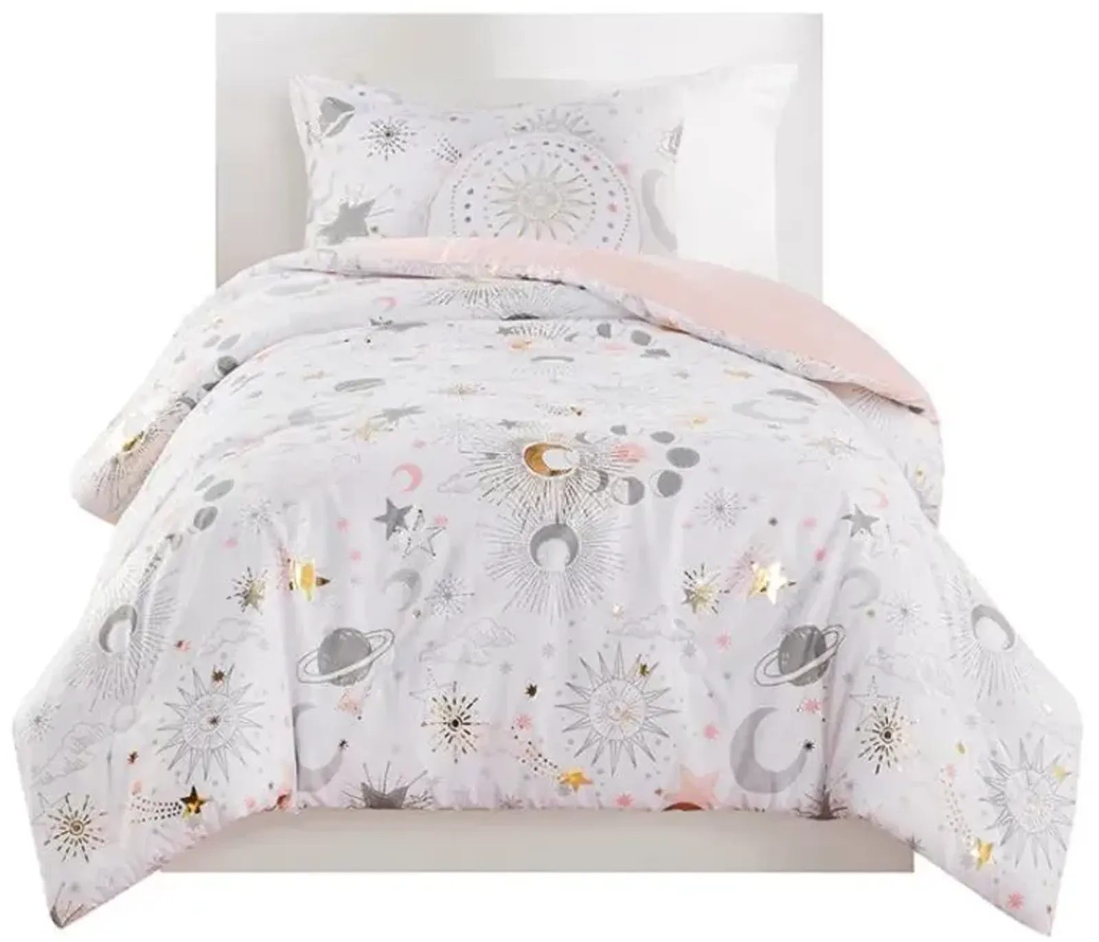 Olliix by Mi Zone Kids Celia Blush and Gold Twin Starry Sky Metallic Printed Comforter Set