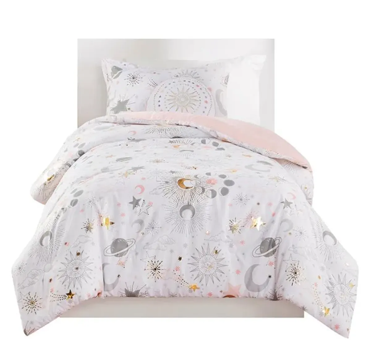 Olliix by Mi Zone Kids Celia Blush and Gold Twin Starry Sky Metallic Printed Comforter Set