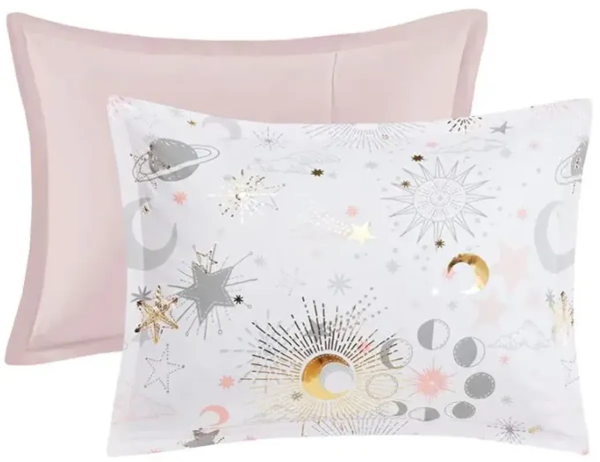 Olliix by Mi Zone Kids Celia Blush and Gold Full/Queen Starry Sky Metallic Printed Comforter Set