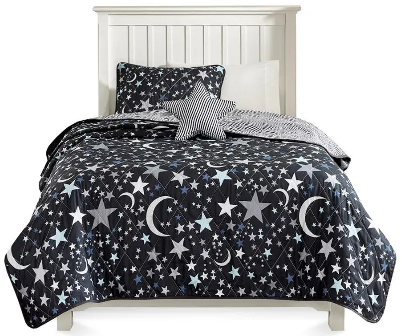 Olliix by Mi Zone Kids Starry Night Charcoal Twin Reversible Coverlet Set