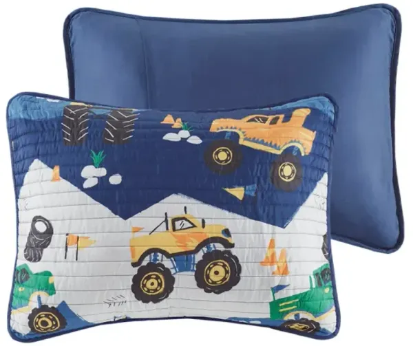 Olliix by Mi Zone Kids Nash Blue Twin Monster Truck Reversible Coverlet Set