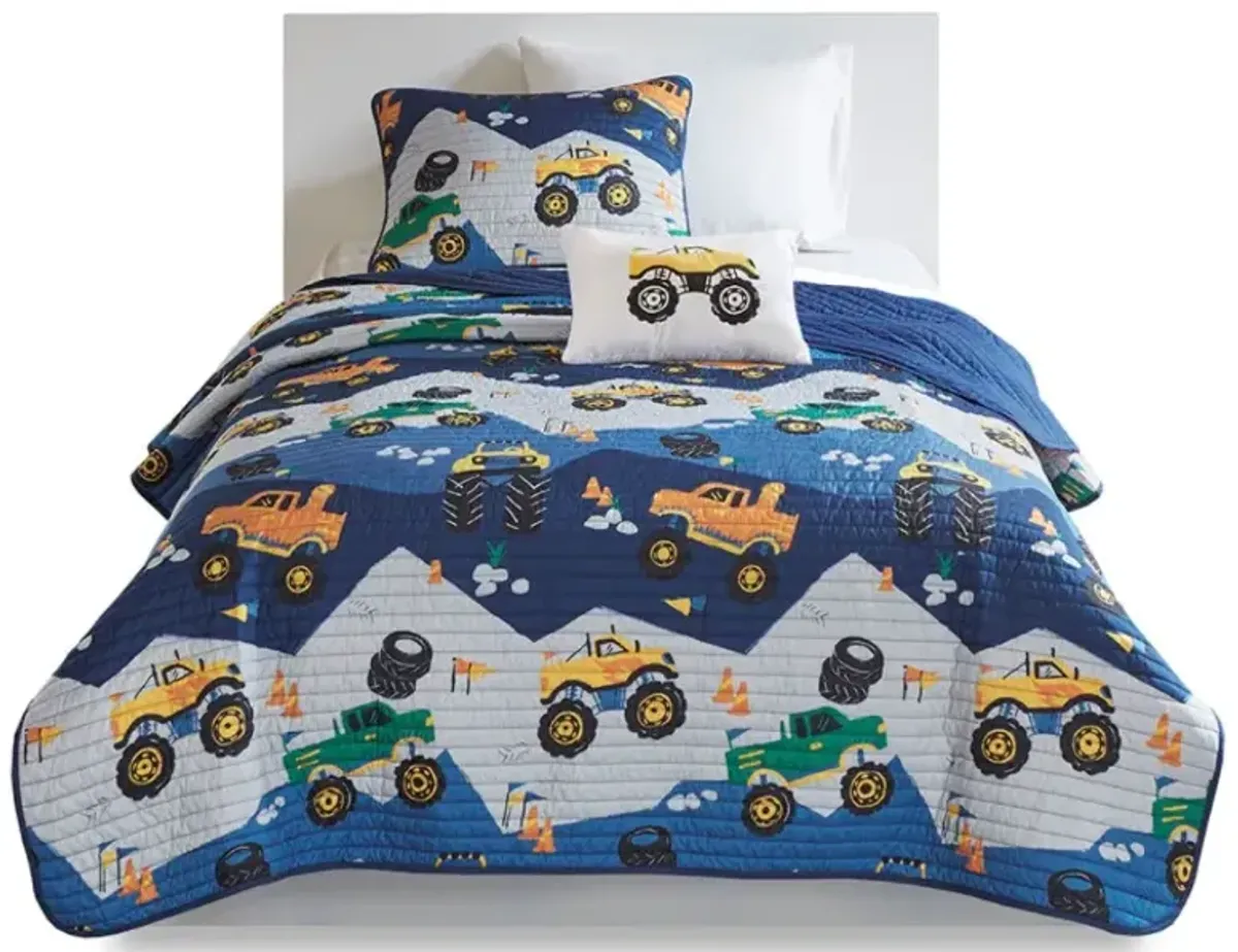 Olliix by Mi Zone Kids Nash Blue Twin Monster Truck Reversible Coverlet Set