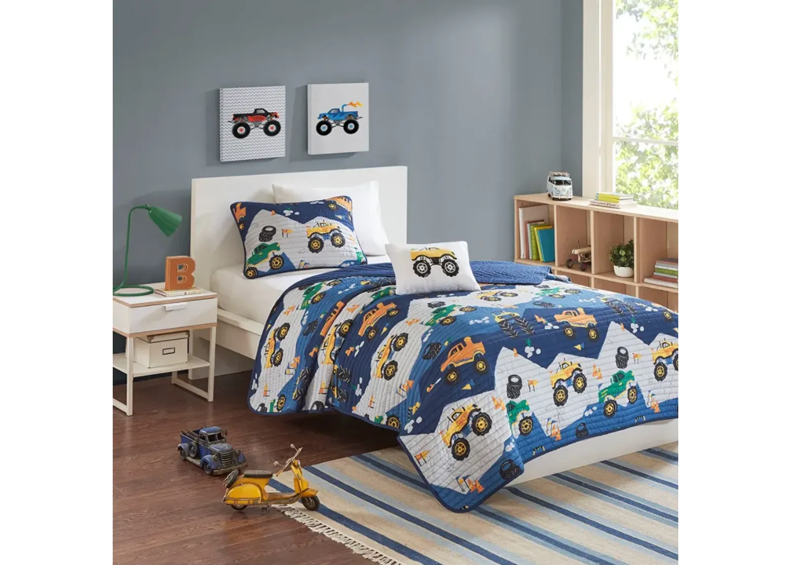 Olliix by Mi Zone Kids Nash Blue Twin Monster Truck Reversible Coverlet Set