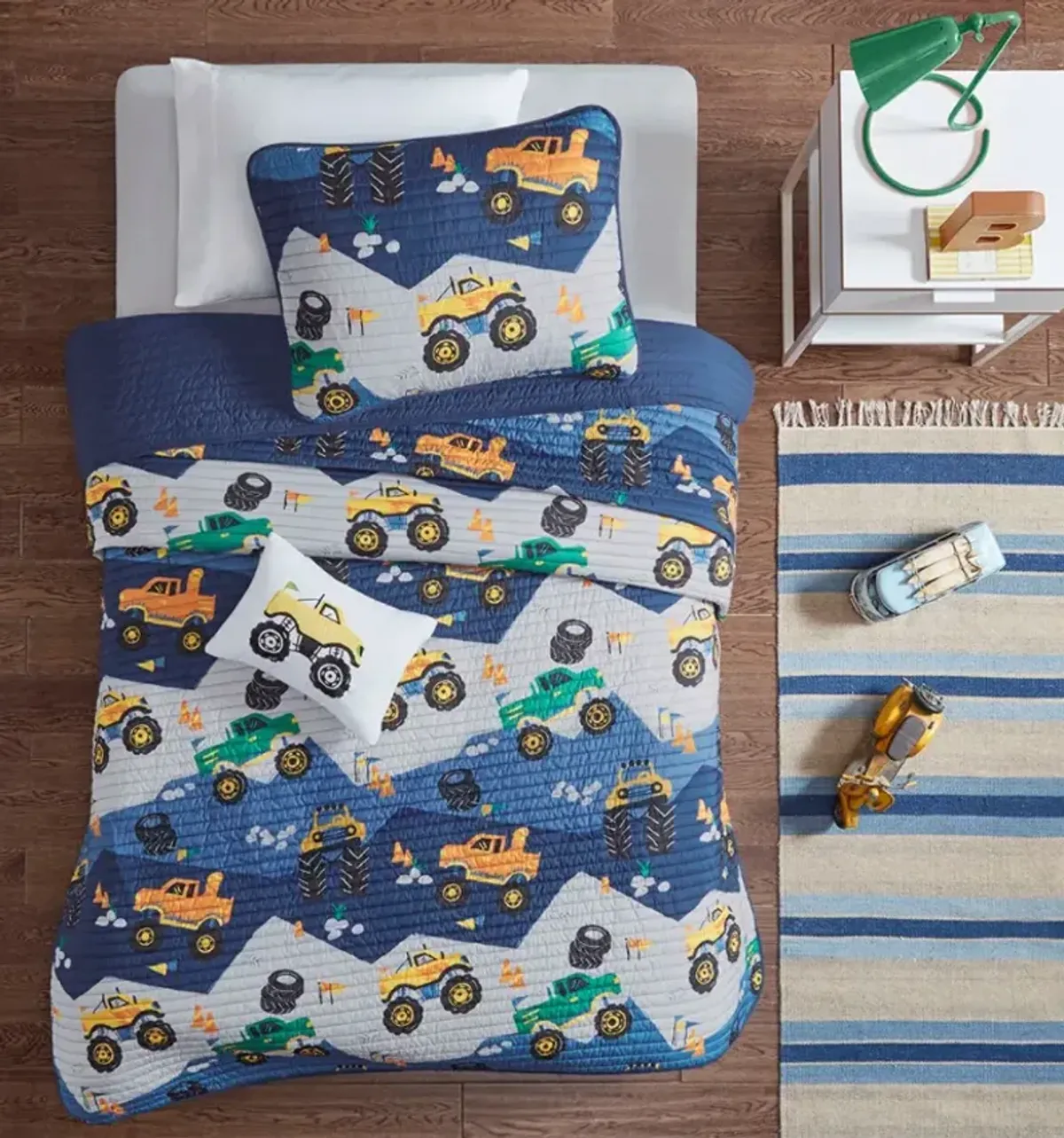 Olliix by Mi Zone Kids Nash Blue Full/Queen Monster Truck Reversible Coverlet Set