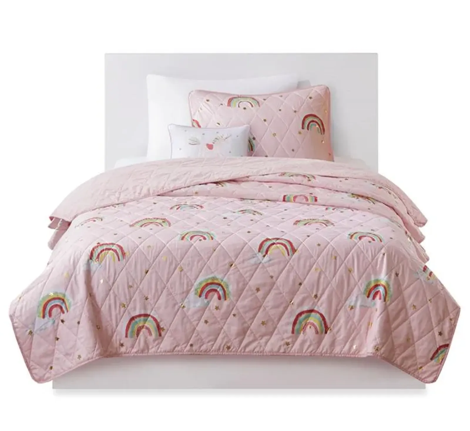 Olliix by Mi Zone Kids Alicia Pink Twin Rainbow with Metallic Printed Stars Reversible Coverlet Set