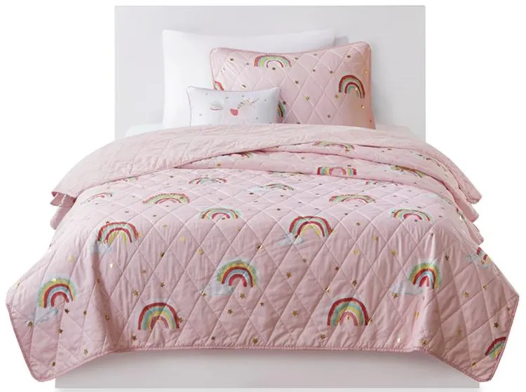 Olliix by Mi Zone Kids Alicia Pink Full/Queen Rainbow with Metallic Printed Stars Reversible Coverlet Set