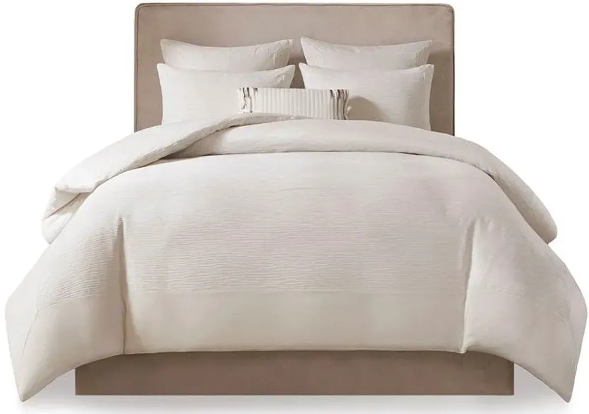 Olliix by N Natori 3 Piece White Full/Queen Hanae Cotton Blend Yarn Dyed Comforter Set