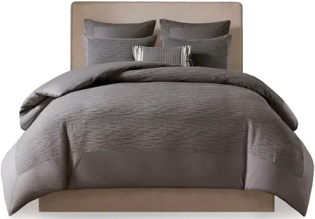 Olliix by N Natori 3 Piece Grey Full/Queen Hanae Cotton Blend Yarn Dyed Comforter Set