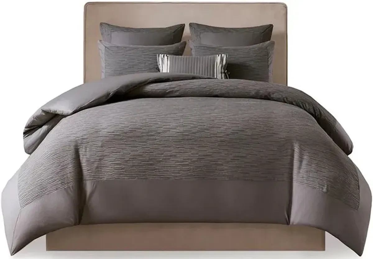 Olliix by N Natori 3 Piece Grey Full/Queen Hanae Cotton Blend Yarn Dyed Comforter Set