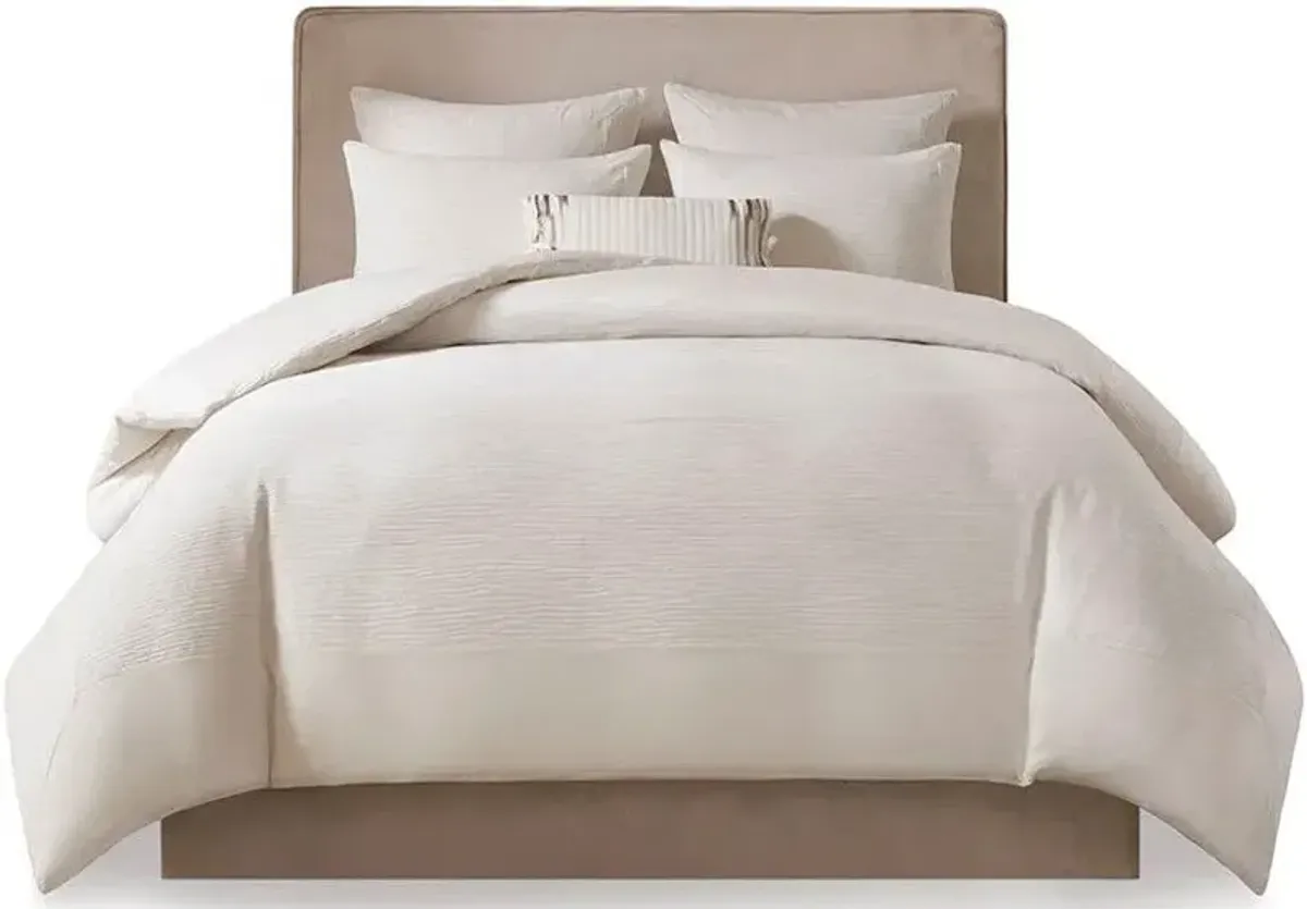 Olliix by N Natori 3 Piece White Full/Queen Hanae Cotton Blend Yarn Dyed Duvet Cover Set