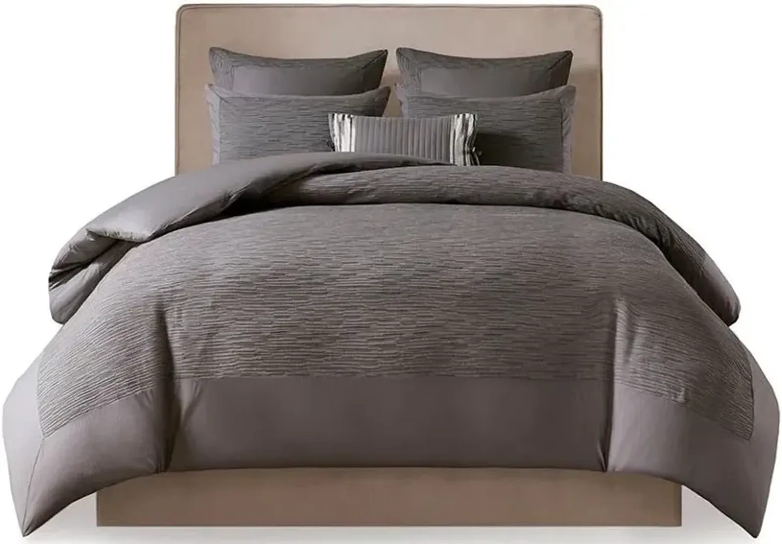 Olliix by N Natori 3 Piece Grey Full/Queen Hanae Cotton Blend Yarn Dyed Duvet Cover Set