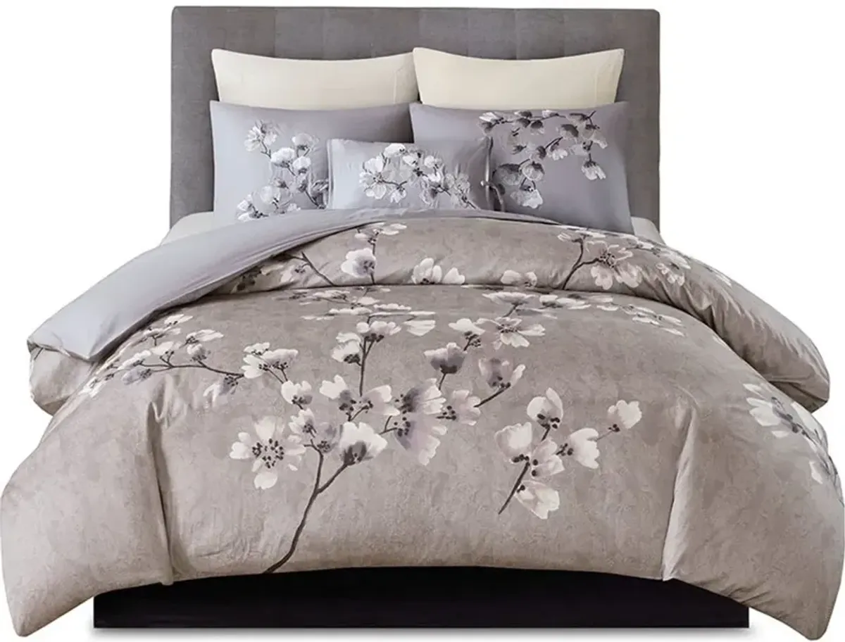 Olliix by N Natori Lilac Full/Queen Sakura Blossom 3 Piece Cotton Sateen Printed Duvet Cover Set