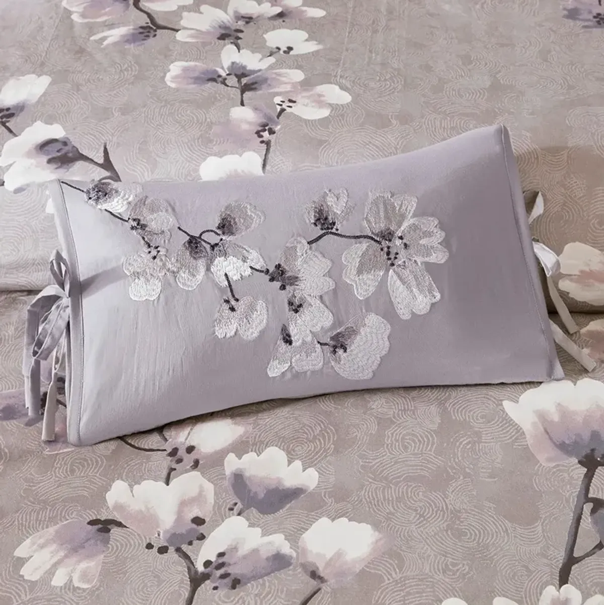 Olliix by N Natori Lilac Sakura Blossom Embroidered Cotton Oblong Decorative Pillow