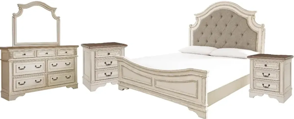 Signature Design by Ashley® Realyn 5-Piece Chipped White California King Upholstered Panel Bed Set