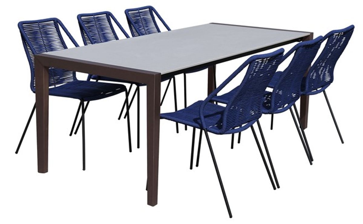 Armen Living Fineline and Clip 7-Piece Dark Gray/Blue Indoor Outdoor Dining Set