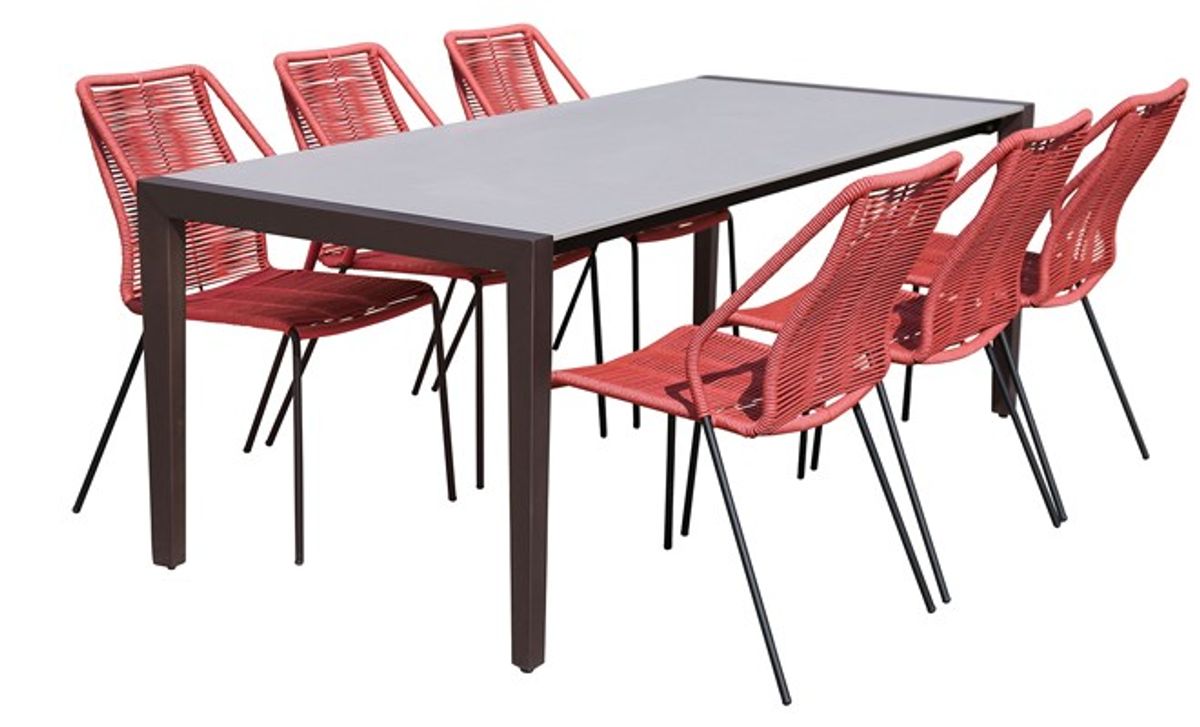 Armen Living Fineline and Clip 7-Piece Dark Gray/Brick Red Indoor Outdoor Dining Set