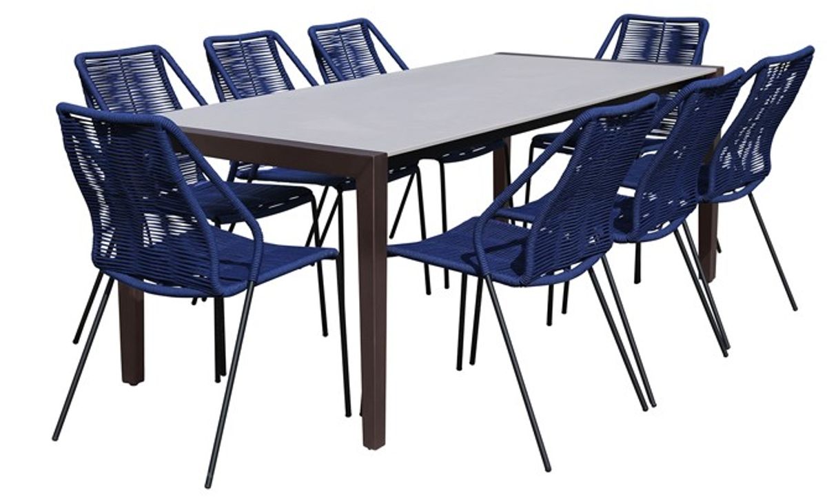 Armen Living Fineline and Clip 9-Piece Dark Gray/Blue Indoor Outdoor Dining Set