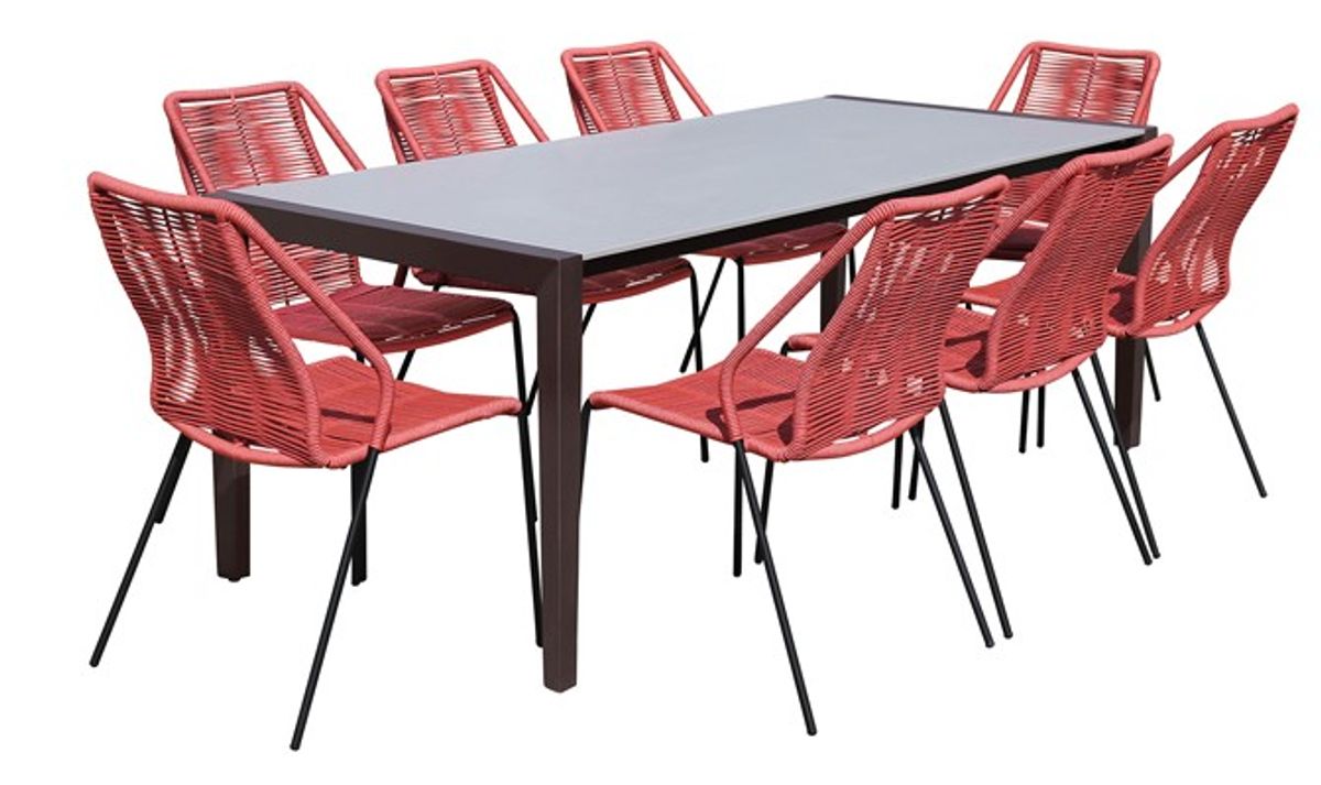 Armen Living Fineline and Clip 9-Piece Dark Gray/Brick Red Indoor Outdoor Dining Set