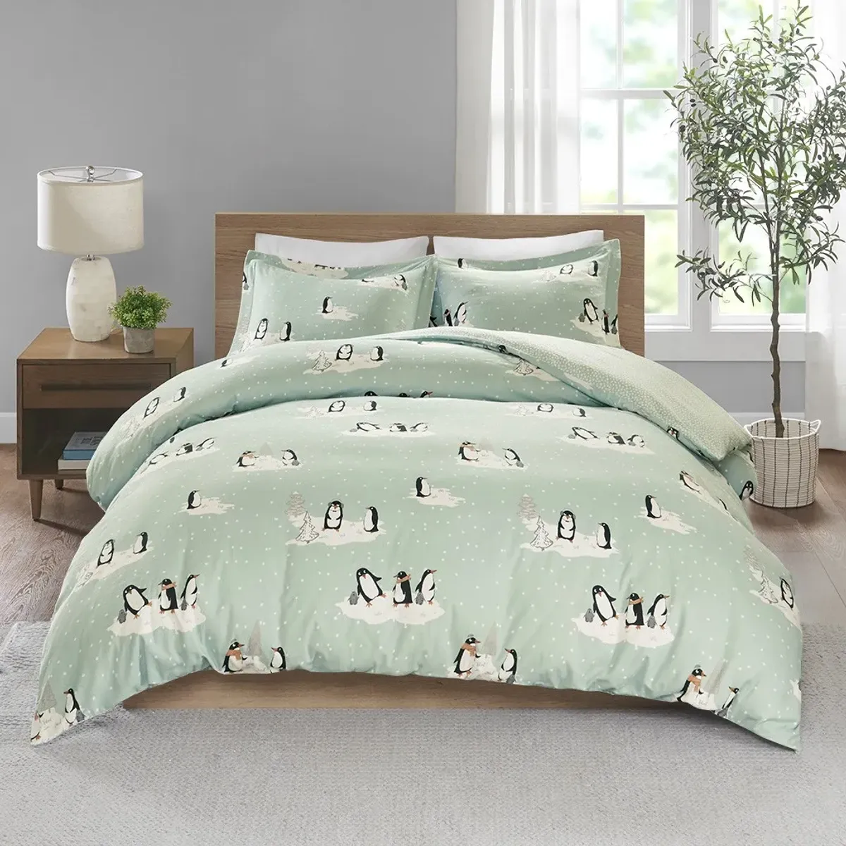 Olliix by True North by Sleep Philosophy Aqua Penguins King/California King Cozy Flannel Duvet Set