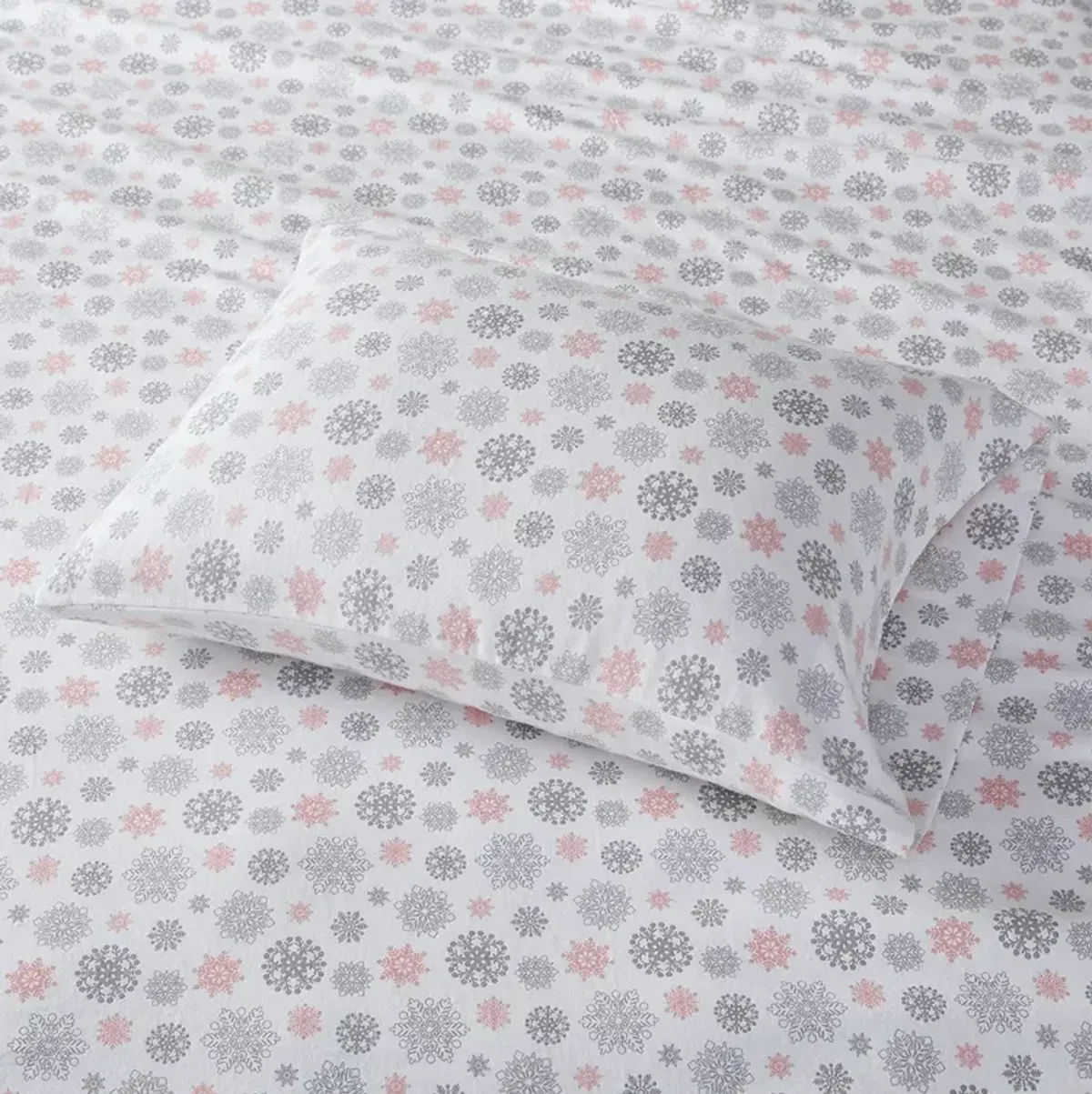 Olliix by True North by Sleep Philosophy Cozy Flannel Grey Snowflakes and Pink Twin Cotton Printed Sheet Set