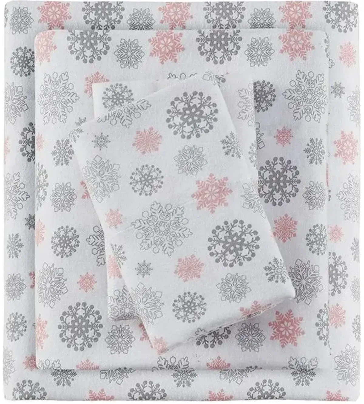 Olliix by True North by Sleep Philosophy Pink/Grey Snowflakes King Cozy Flannel 100% Cotton Flannel Printed Sheet Set