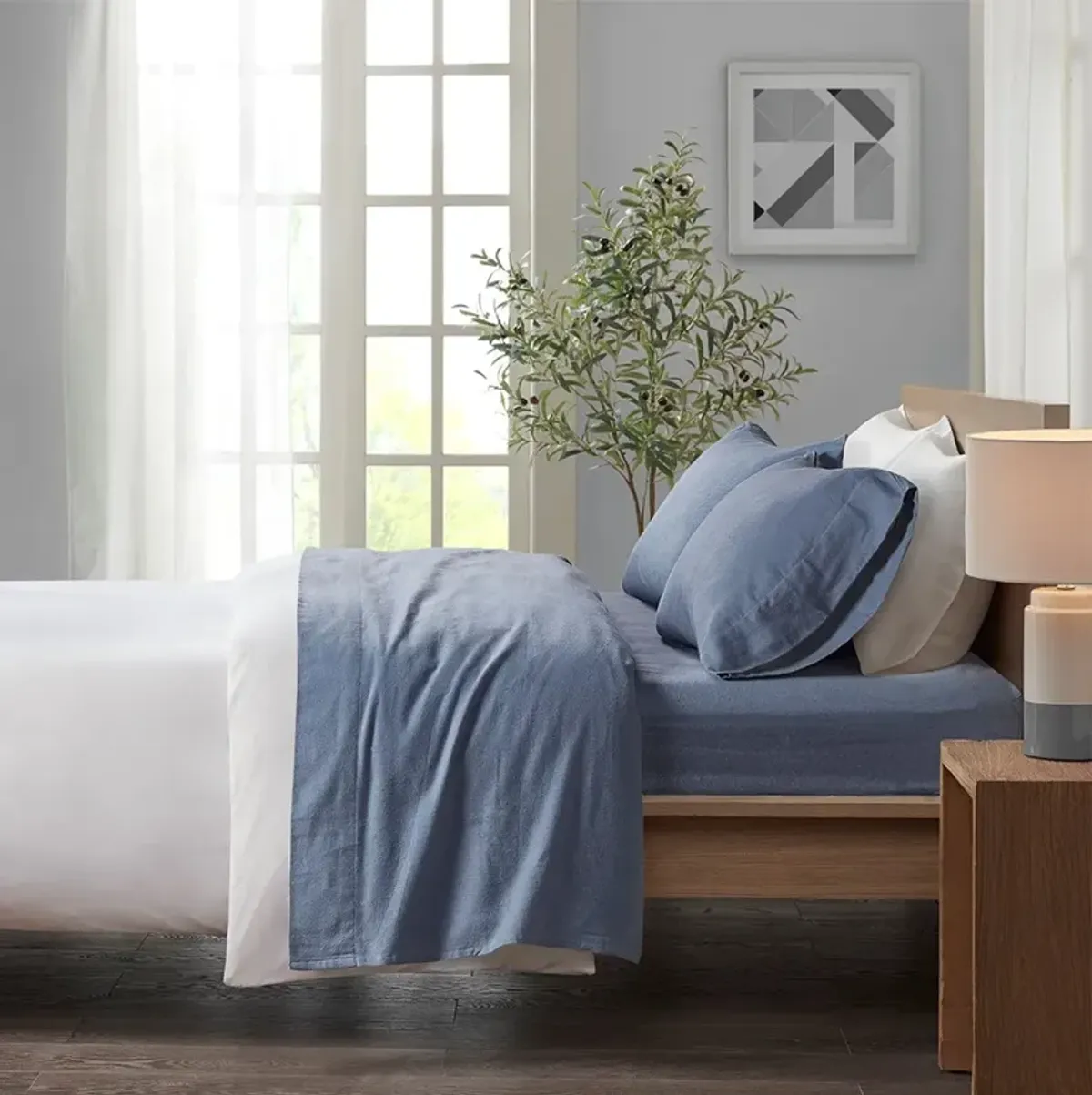 Olliix by True North by Sleep Philosophy Blue Solid Queen Cozy 100% Cotton Flannel Printed Sheet Set