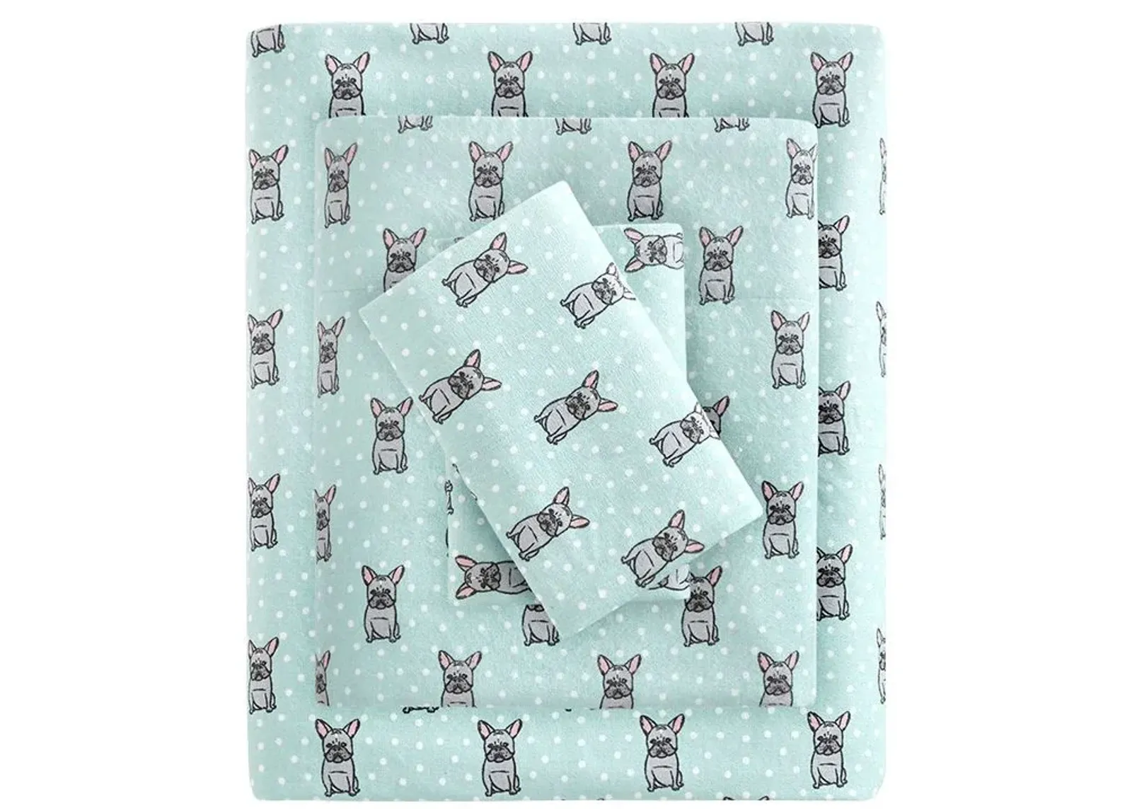 Olliix by True North by Sleep Philosophy Aqua French Bulldog Twin Cozy 100% Cotton Flannel Printed Sheet Set