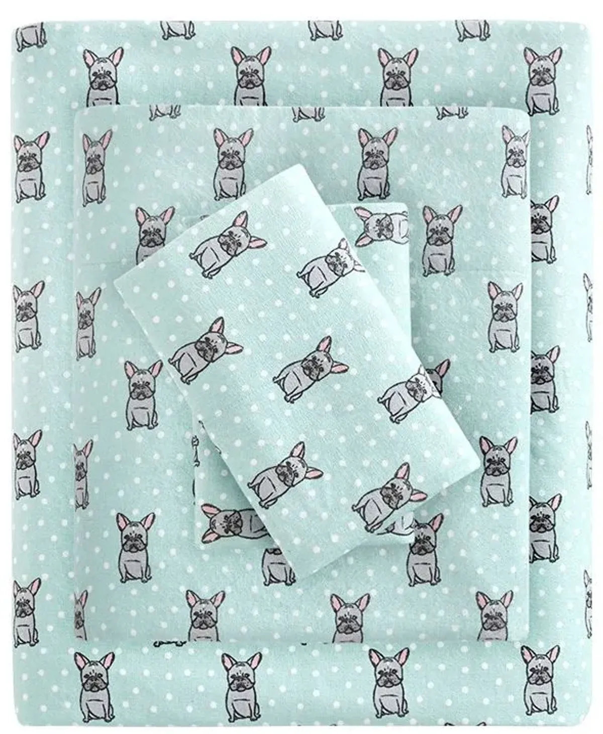 Olliix by True North by Sleep Philosophy Aqua French Bulldog Twin Cozy 100% Cotton Flannel Printed Sheet Set