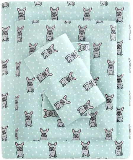 Olliix by True North by Sleep Philosophy Aqua French Bulldog Twin Cozy 100% Cotton Flannel Printed Sheet Set