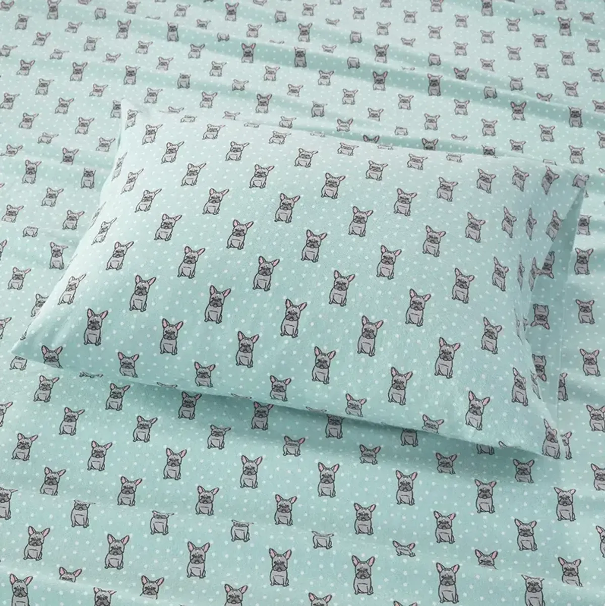 Olliix by True North by Sleep Philosophy Aqua French Bulldog Full Cozy 100% Cotton Flannel Printed Sheet Set