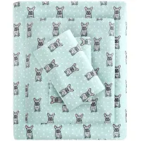 Olliix by True North by Sleep Philosophy Aqua French Bulldog Full Cozy 100% Cotton Flannel Printed Sheet Set