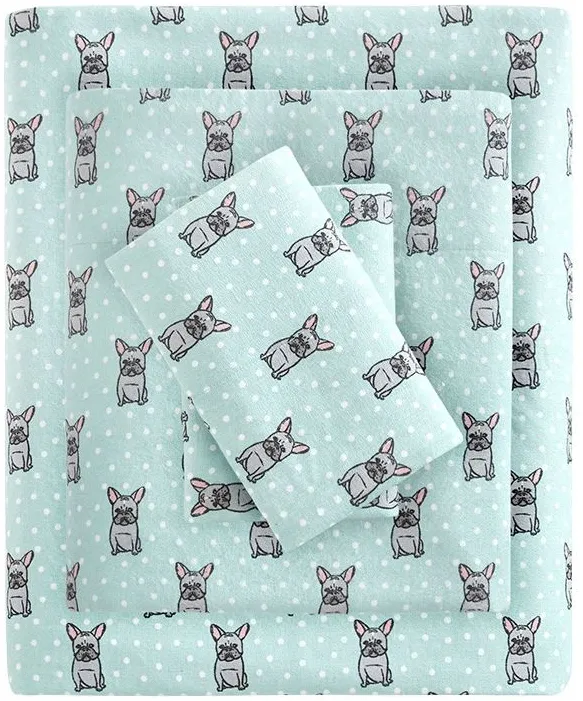 Olliix by True North by Sleep Philosophy Aqua French Bulldog California King Cozy 100% Cotton Flannel Printed Sheet Set
