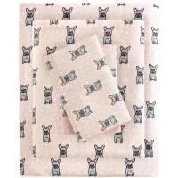Olliix by True North by Sleep Philosophy Pink French Bulldog Twin XL Cozy 100% Cotton Flannel Printed Sheet Set