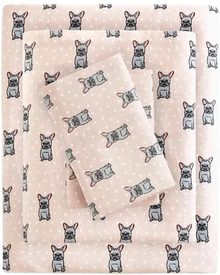 Olliix by True North by Sleep Philosophy Pink French Bulldog Twin XL Cozy 100% Cotton Flannel Printed Sheet Set