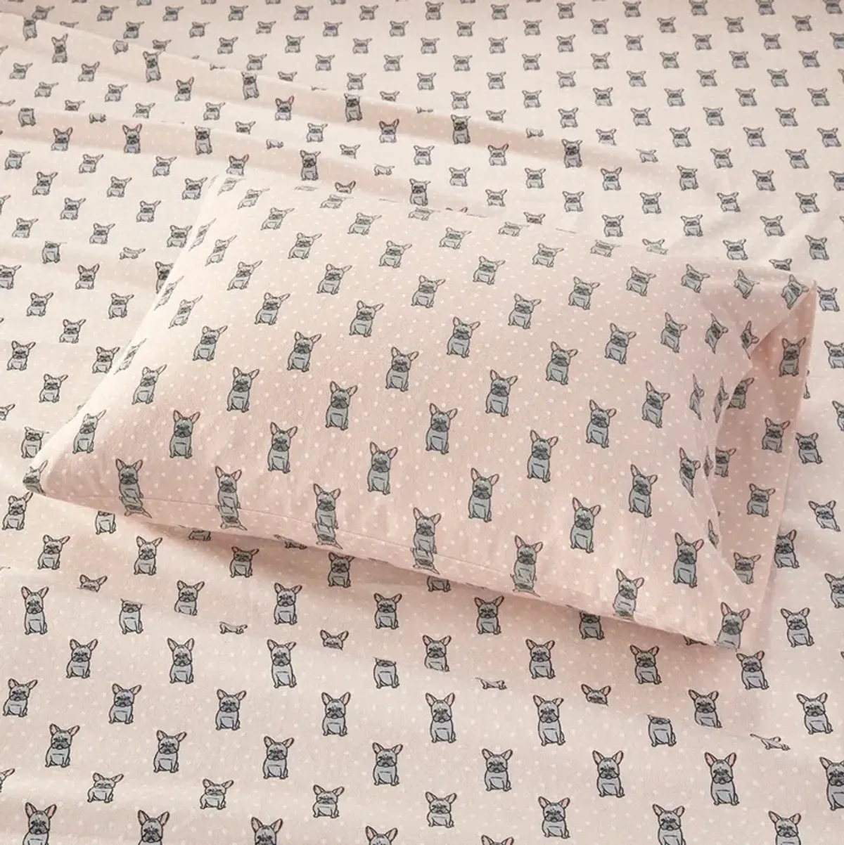 Olliix by True North by Sleep Philosophy Pink French Bulldog Full Cozy 100% Cotton Flannel Printed Sheet Set