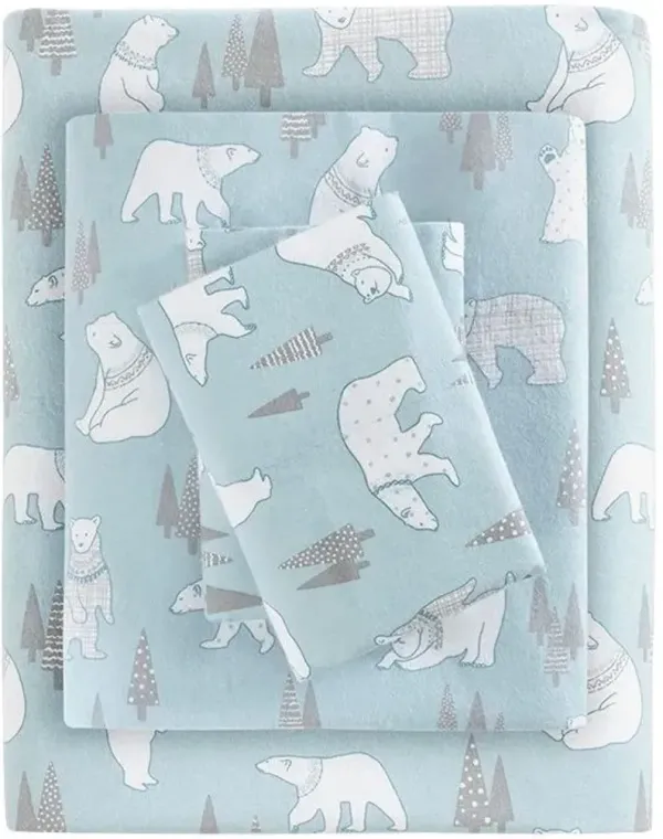 Olliix by True North by Sleep Philosophy Blue Polar Bears Twin Cozy 100% Cotton Flannel Printed Sheet Set