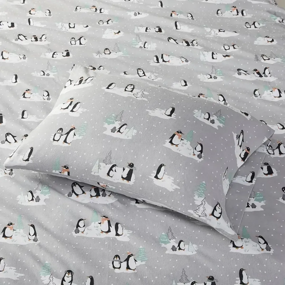 Olliix by True North by Sleep Philosophy Grey Penguins King Cozy 100% Cotton Flannel Printed Sheet Set