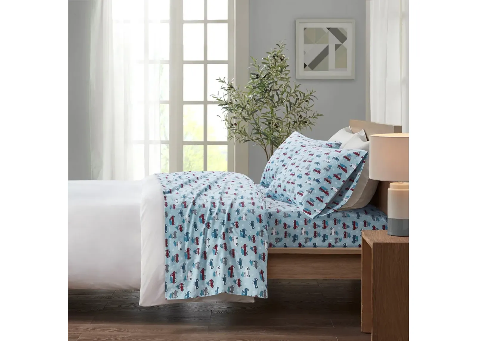 Olliix by True North by Sleep Philosophy Cozy Flannel 100% Cotton Printed Blue Cars Twin Sheet Set