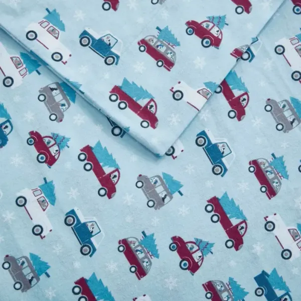 Olliix by True North by Sleep Philosophy Cozy Flannel 100% Cotton Printed Blue Cars Queen Sheet Set
