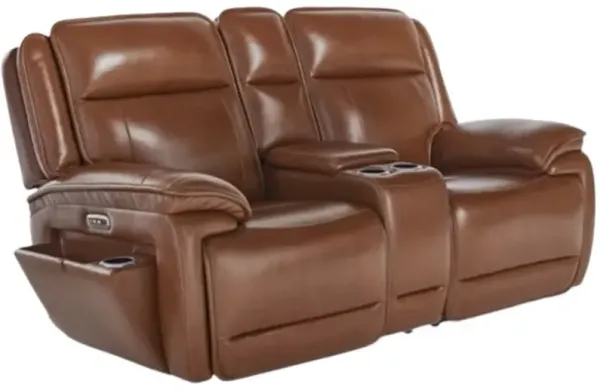Signature Design by Ashley® Healy Pier Chocolate Leather Power Reclining Loveseat with Console and Adjustable Headrest