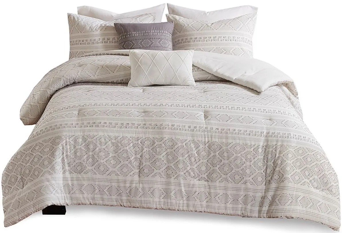 Olliix by Urban Habitat White/Grey Full/Queen Lizbeth 5 Piece Cotton Clip Jacquard Comforter Set