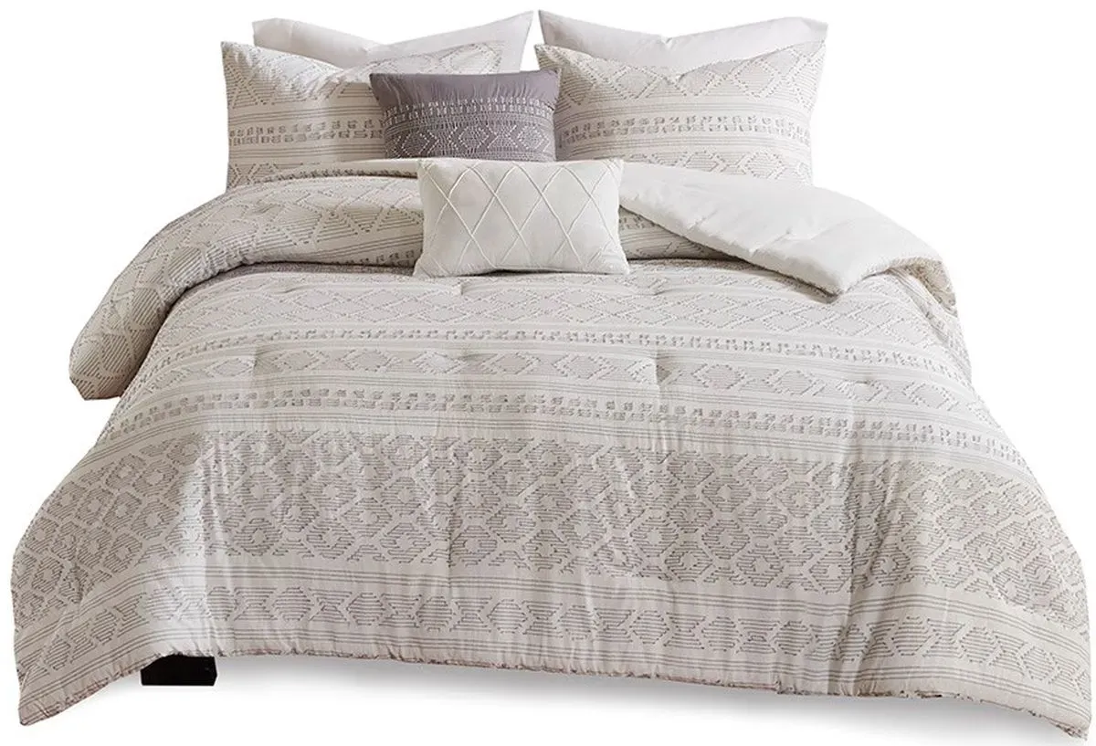 Olliix by Urban Habitat White/Grey King/California King Lizbeth 5 Piece Cotton Clip Jacquard Comforter Set