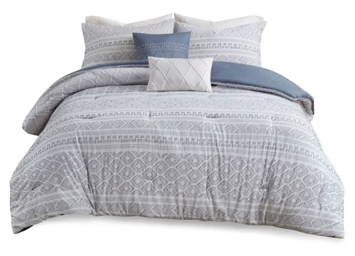 Olliix by Urban Habitat Lizbeth 5 Piece Indigo/White Full/Queen Cotton Clip Jacquard Comforter Set