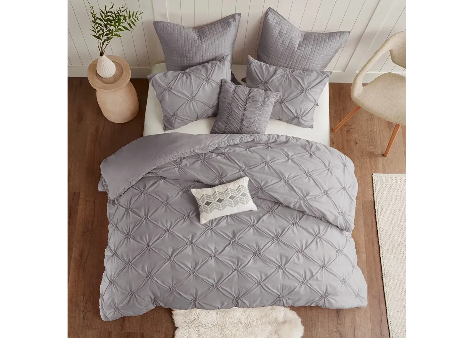 Olliix by Urban Habitat 7 Piece Grey Full/Queen Talia Elastic Embroidered Chambray Duvet Set