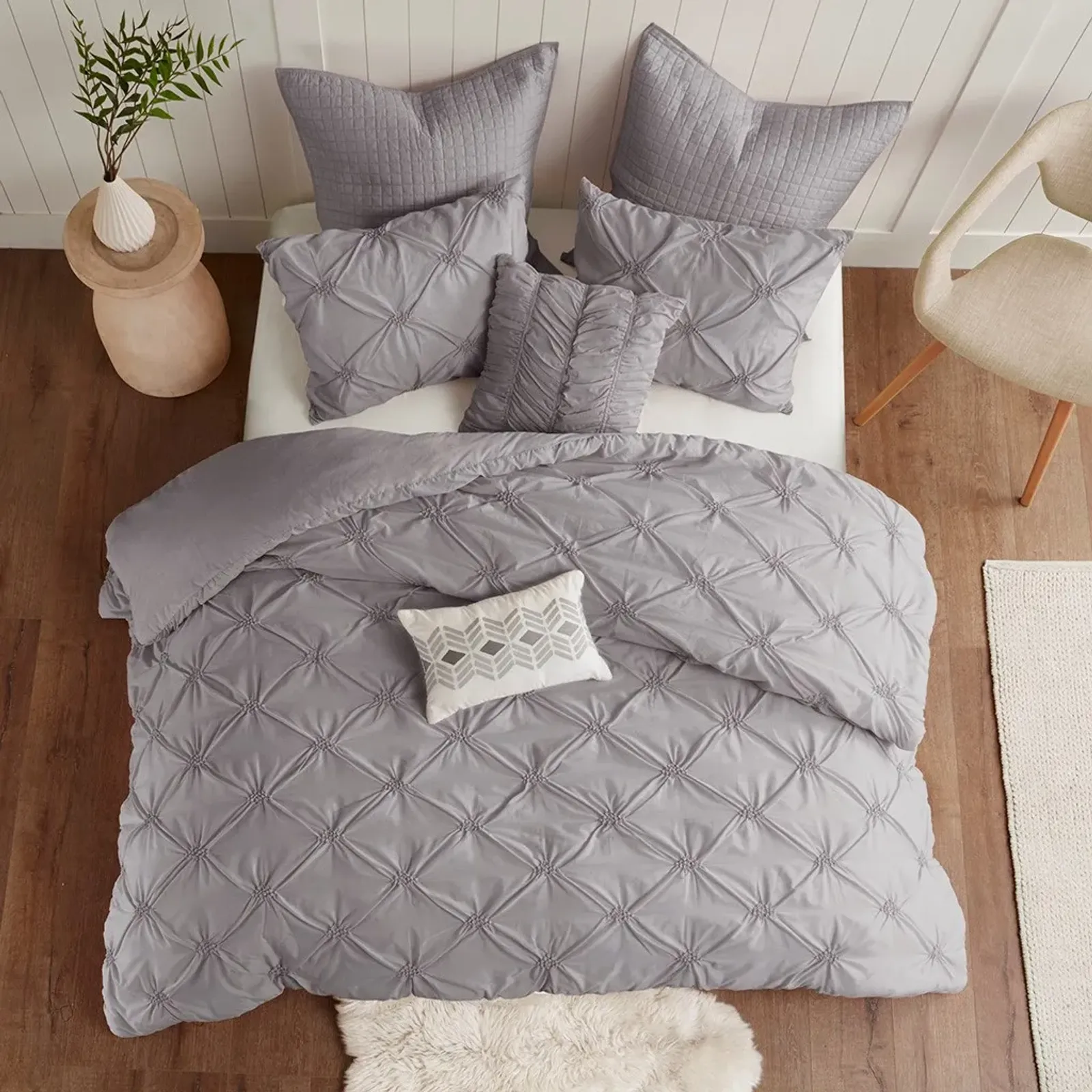 Olliix by Urban Habitat 7 Piece Grey Full/Queen Talia Elastic Embroidered Chambray Duvet Set