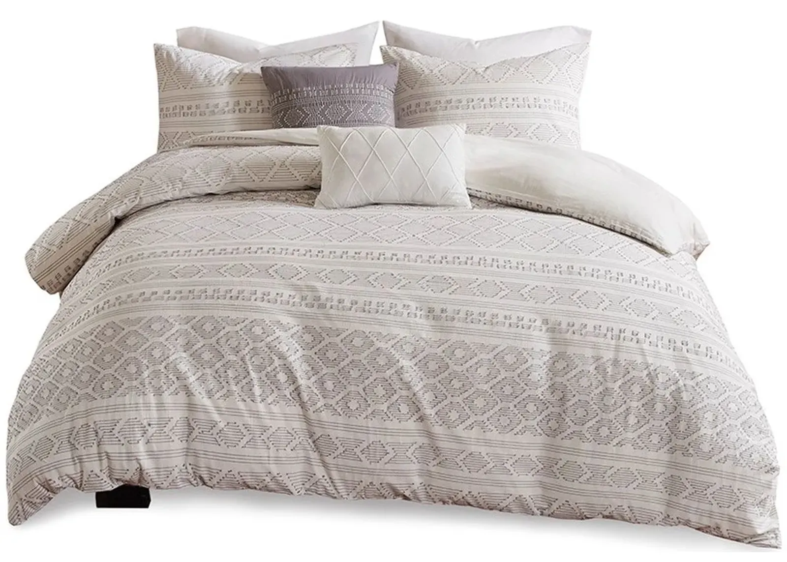 Olliix by Urban Habitat White/Grey Full/Queen Lizbeth 5 Piece Cotton Clip Jacquard Duvet Cover Set