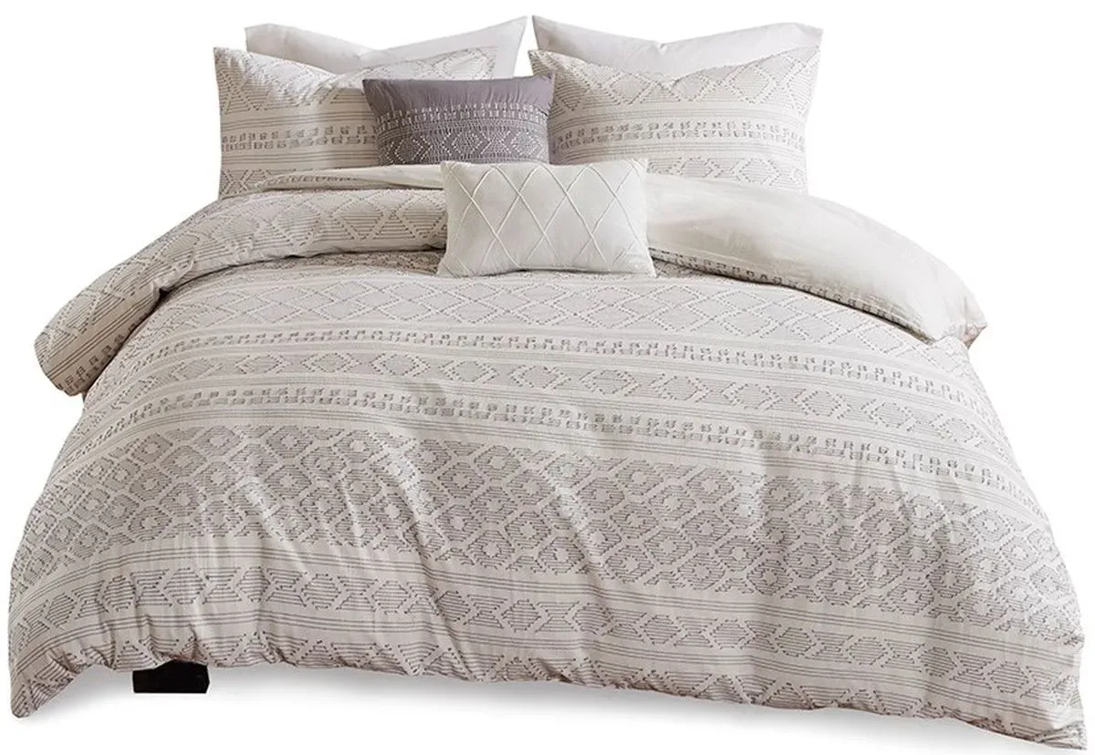 Olliix by Urban Habitat White/Grey Full/Queen Lizbeth 5 Piece Cotton Clip Jacquard Duvet Cover Set