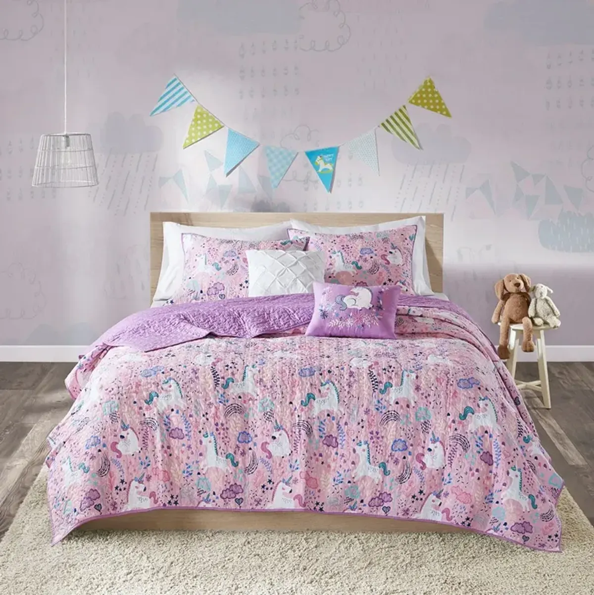 Olliix by Urban Habitat Kids Lola Unicorn Cotton Reversible Pink Full/Queen Coverlet Set