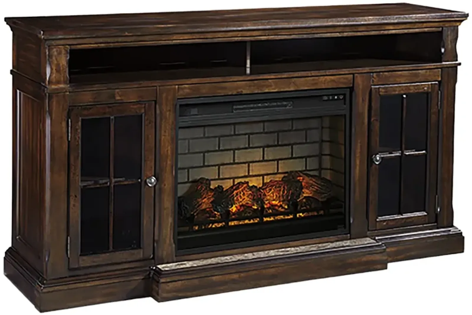 Signature Design by Ashley® Roddinton 74" Dark Brown TV Stand with Electric Fireplace